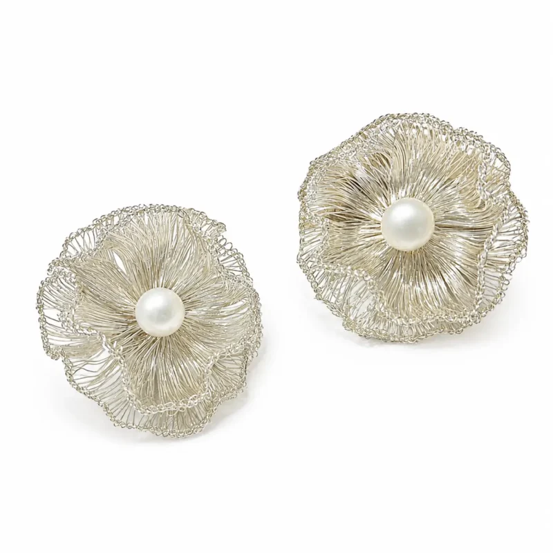 OREYNE handwoven Fine Silver-Plated Copper Wire flower earrings with pearl centers on white background