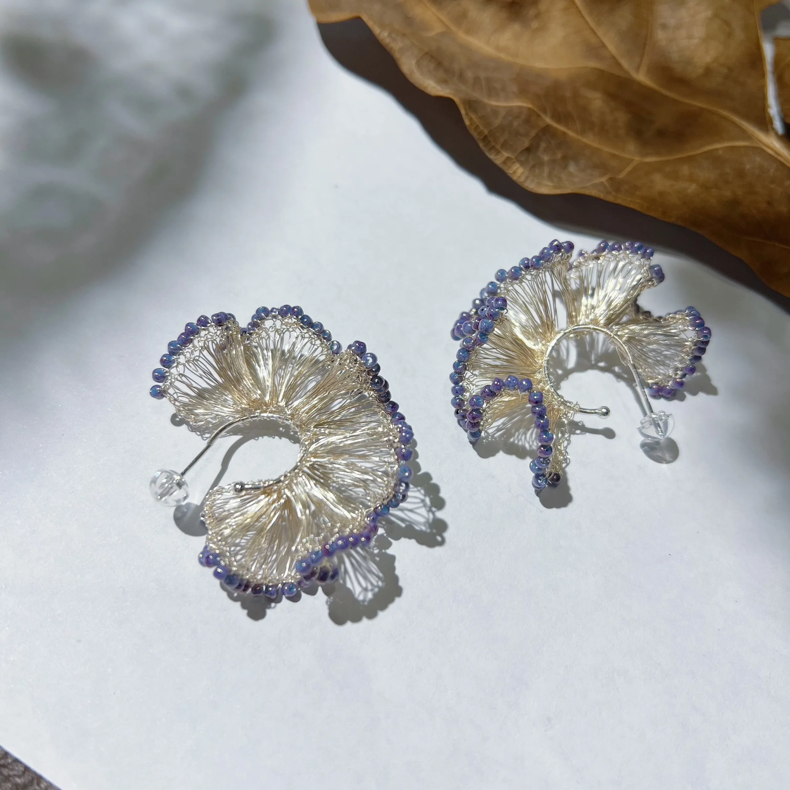 Purple beaded silver-tone ginkgo fan hoop earrings