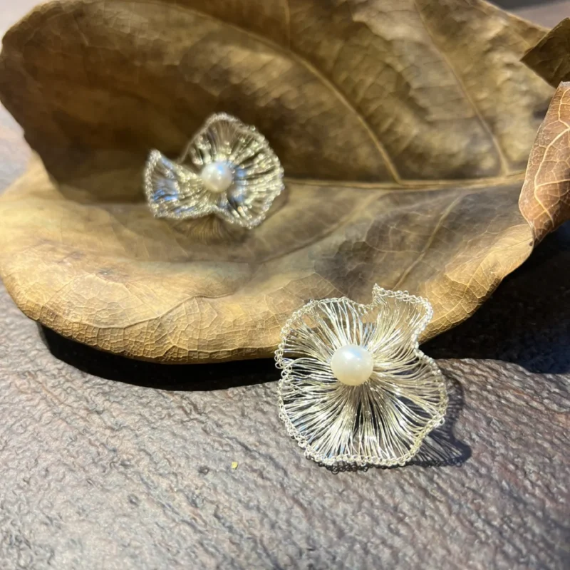 OREYNE Botanical White Rockrose Earrings – close-up detail