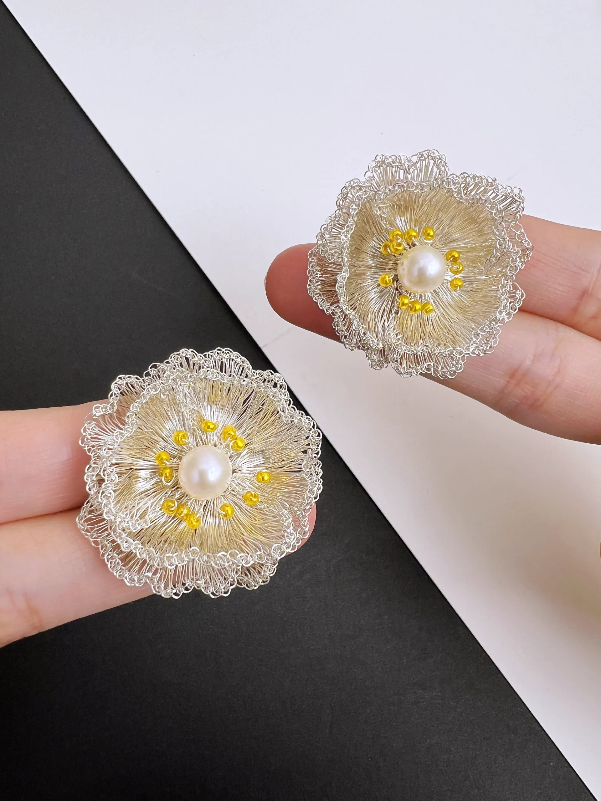 Liora handwoven silver-tone flower layered metallic petal detail