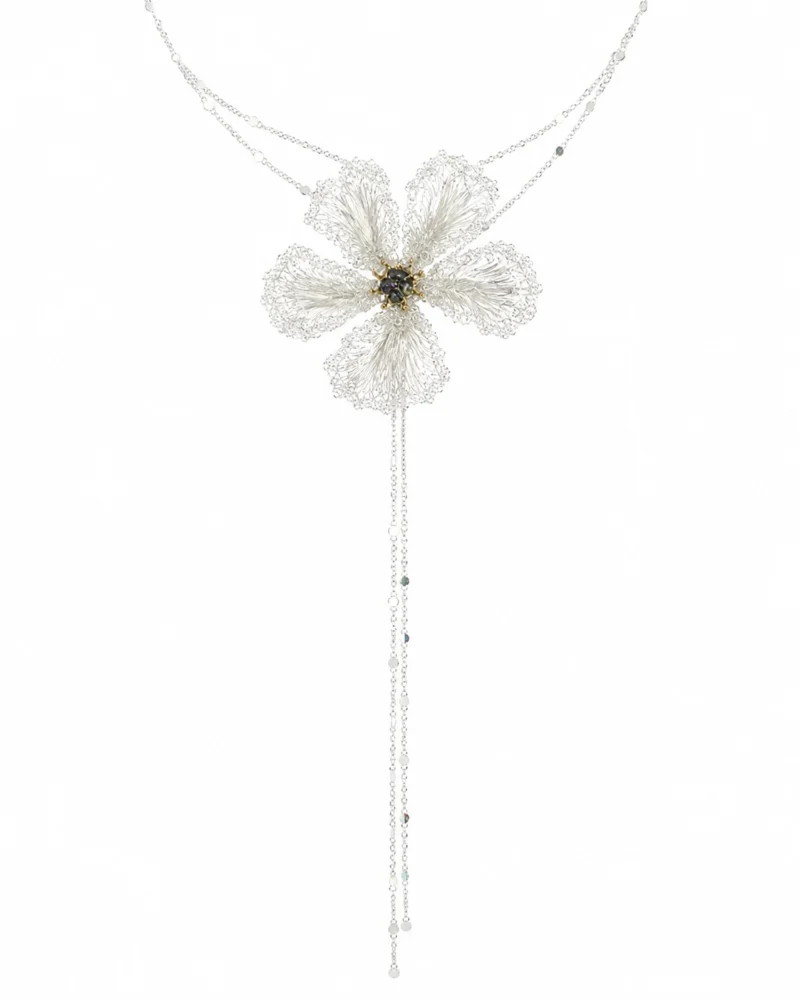 OREYNE White Musk Mallow handwoven silver-tone flower necklace
