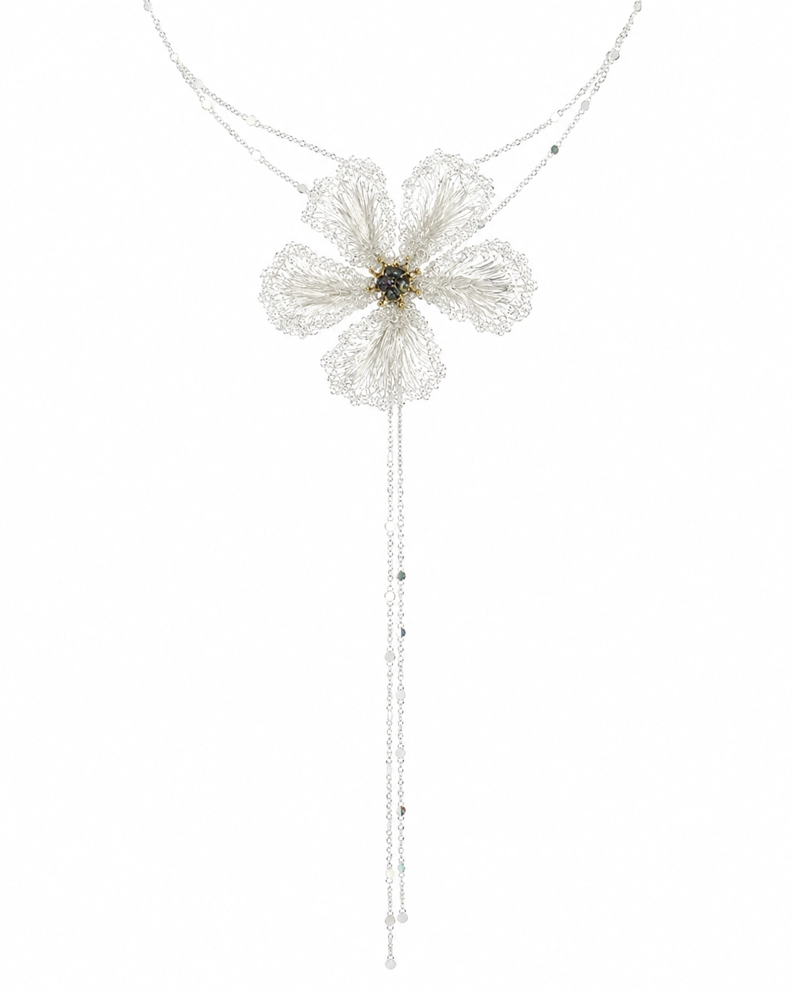 OREYNE White Musk Mallow handwoven silver-tone flower necklace detail