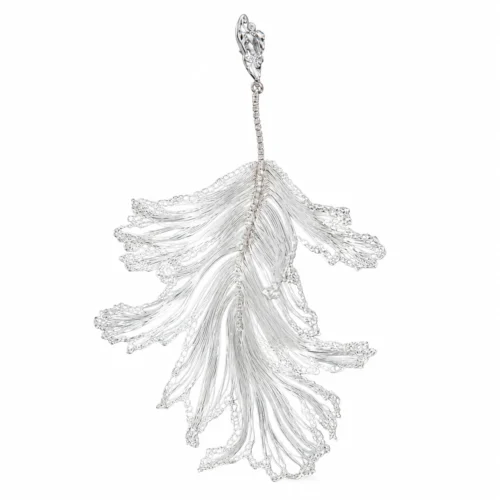OREYNE Skeleton Leaf handwoven silver-tone drop earrings on white background