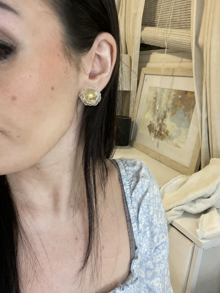 OREYNE Botanical White Poppy Jewelry worn on model