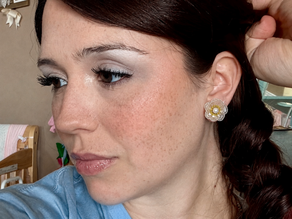 OREYNE Botanical White Poppy Jewelry worn on model