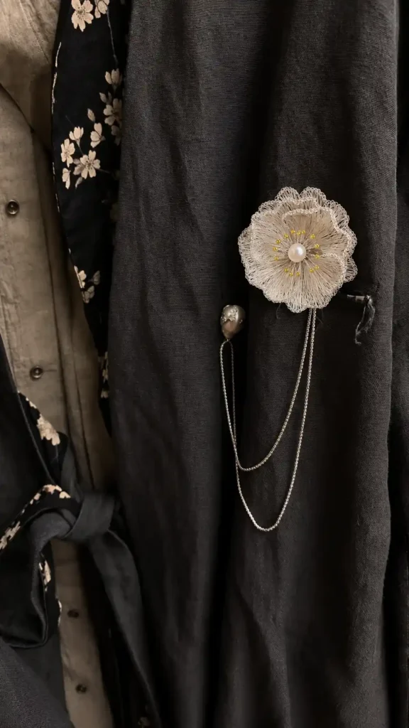 OREYNE Botanical White Poppy Brooch worn — image 2