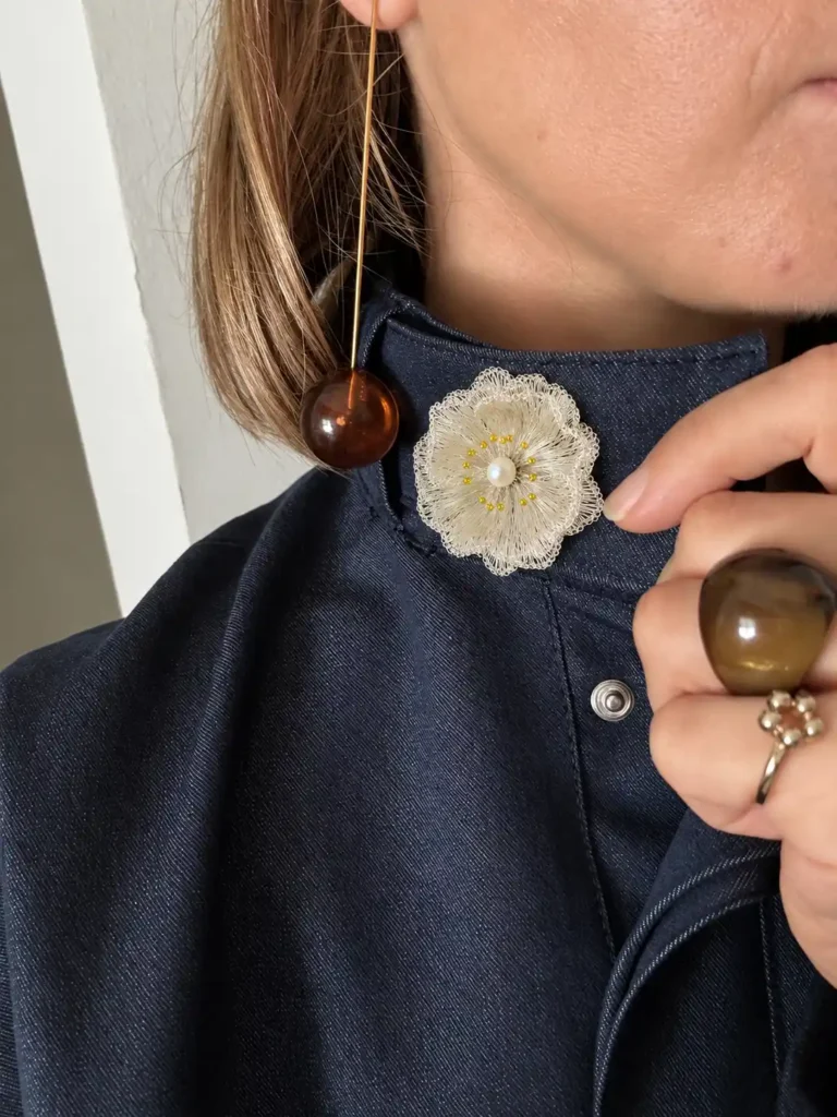 OREYNE Botanical White Poppy Brooch worn — image 3