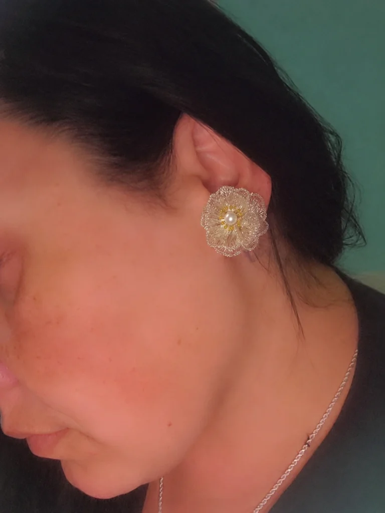 OREYNE Botanical White Poppy Jewelry worn on model