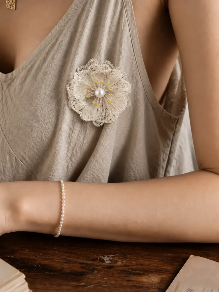 OREYNE Botanical White Poppy Brooch worn — image 5