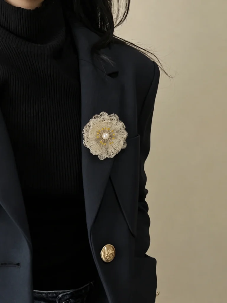 OREYNE Botanical White Poppy Brooch worn — image 6