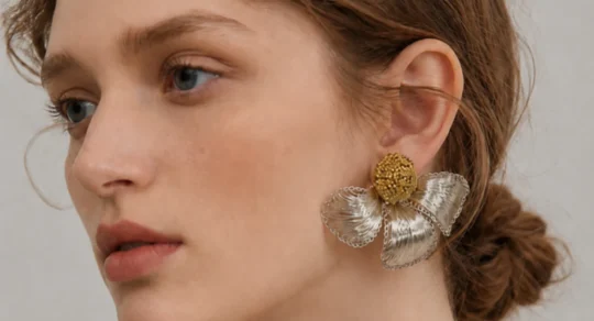 OREYNE Botanical White Dogwood Statement Earrings – close-up detail