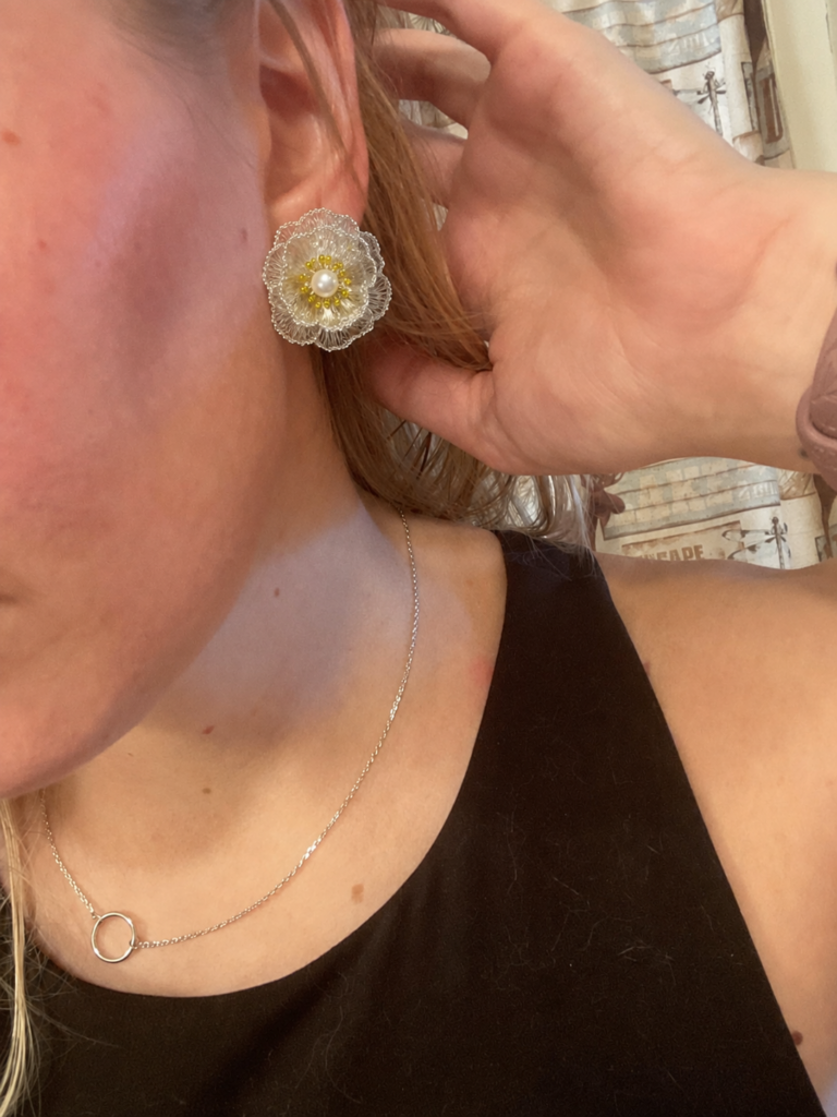 OREYNE Botanical White Poppy Jewelry worn on model