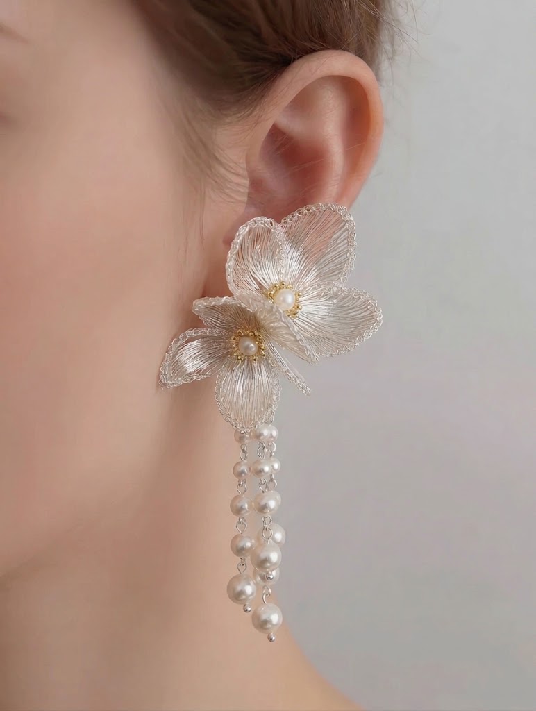OREYNE Botanical White Hibiscus Earrings – close-up detail