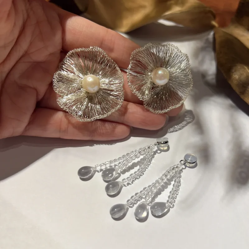 OREYNE Botanical White Dogwood Earrings with Removable Clear Teardrop Dangles – close-up detail