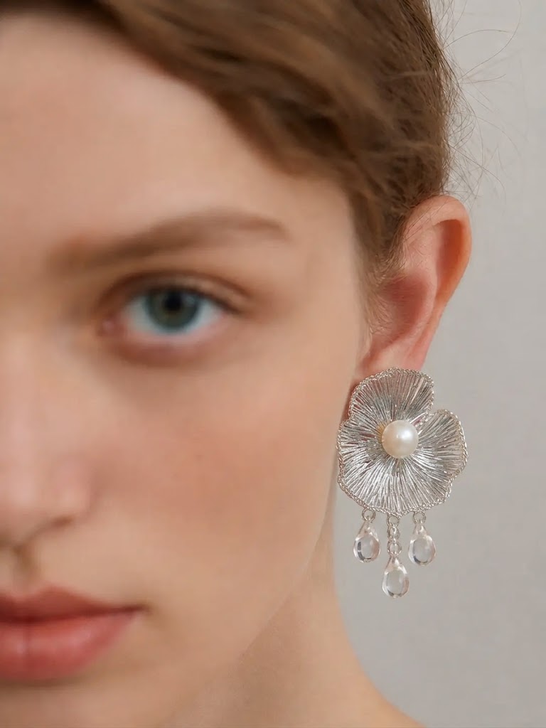 OREYNE Botanical White Dogwood Earrings with Removable Clear Teardrop Dangles – close-up detail