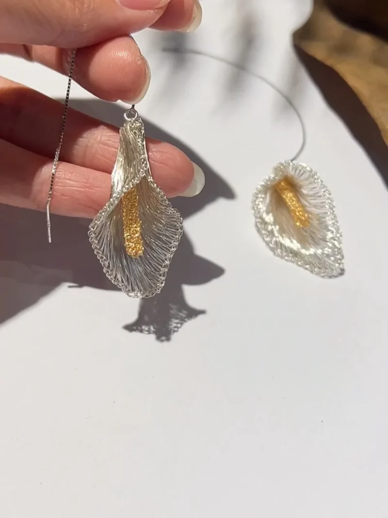 OREYNE Botanical Calla Lily Threader Earrings – close-up detail