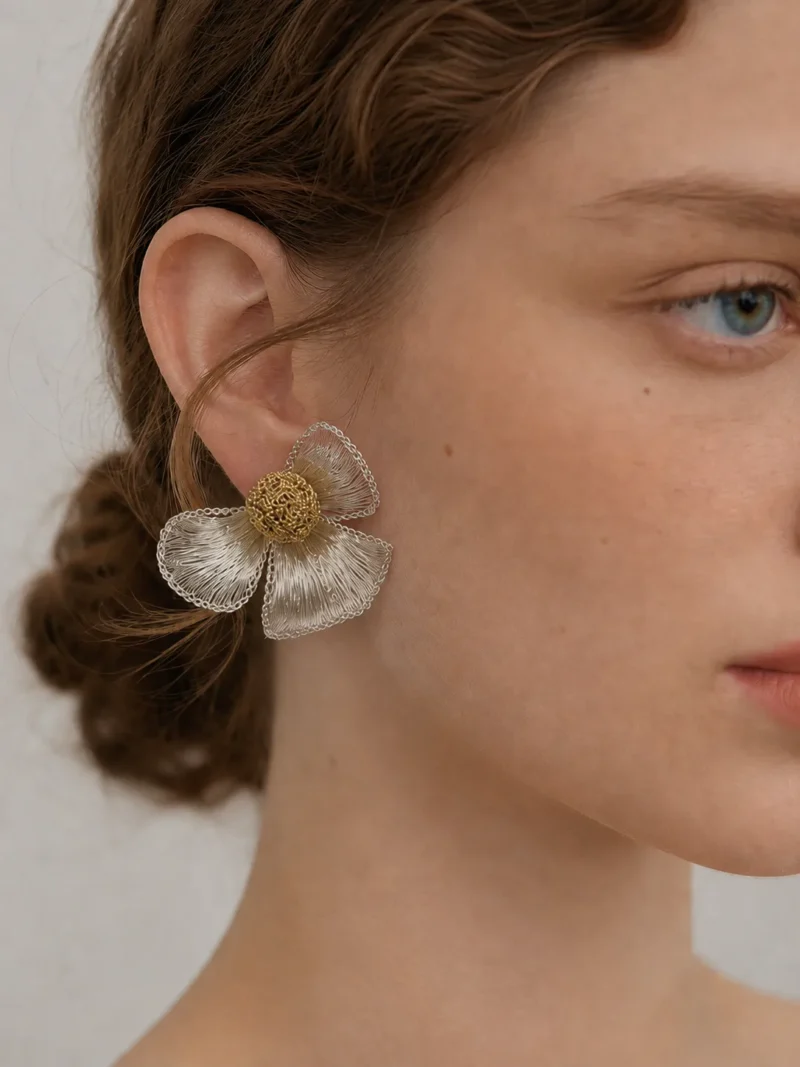 OREYNE Botanical White Dogwood Statement Earrings – close-up detail