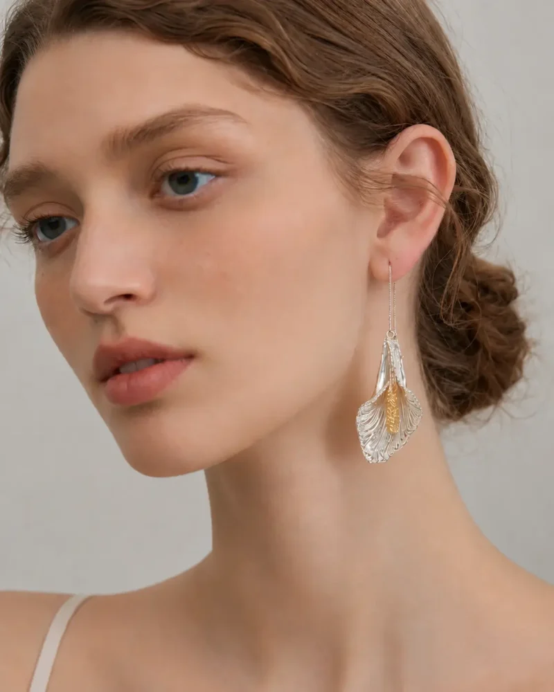 OREYNE Botanical Calla Lily Threader Earrings – close-up detail