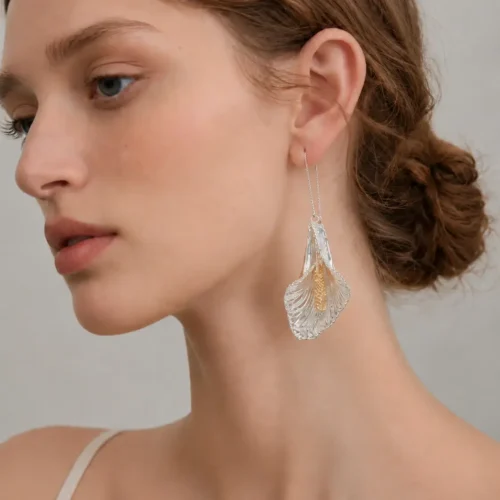 OREYNE Botanical Calla Lily Threader Earrings – close-up detail