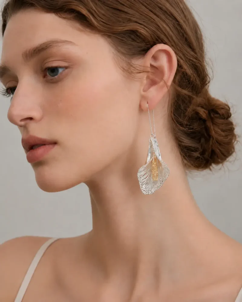 OREYNE Botanical Calla Lily Threader Earrings – close-up detail
