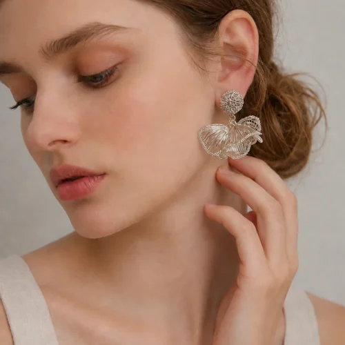 OREYNE Botanical White Moonflower Earrings – close-up detail
