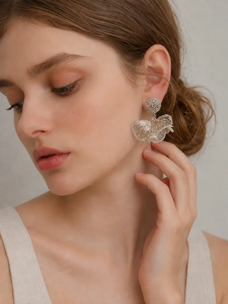OREYNE Botanical White Moonflower Earrings – close-up detail
