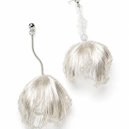 OREYNE asymmetrical handwoven Fine Silver-Plated Copper Wire flower drop earrings with chain and translucent bead details on white background