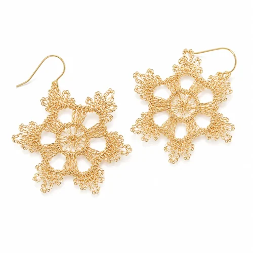OREYNE handcrafted gold wire snowflake floral drop earrings on a white background