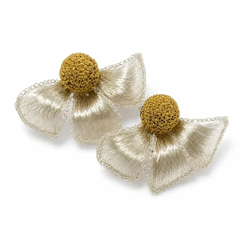 OREYNE handcrafted silver wire flower earrings with gold woven centers on a white background