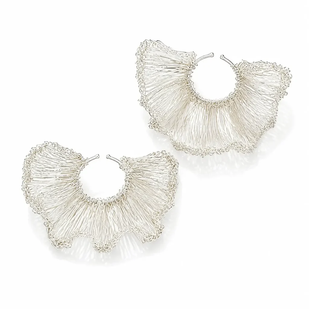 OREYNE handcrafted silver wire fan hoop earrings on a white background