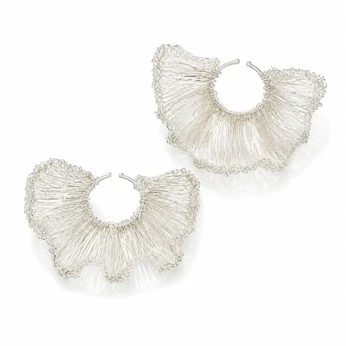OREYNE handcrafted silver wire fan hoop earrings on a white background