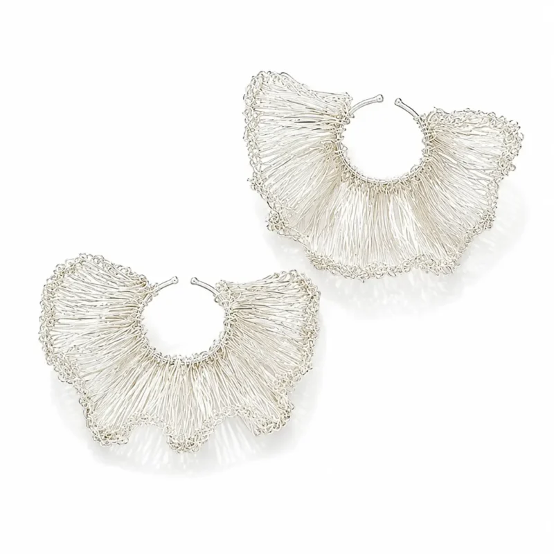 OREYNE handcrafted silver wire fan hoop earrings on a white background