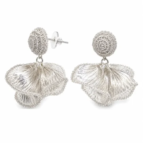 OREYNE handcrafted silver wire floral drop earrings with textured woven studs on a white background