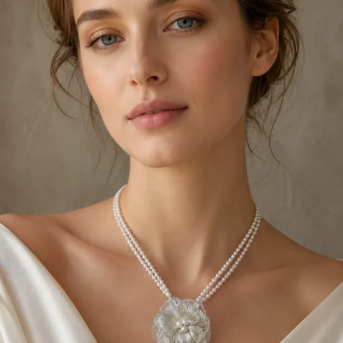 Close-up of model wearing OREYNE silver wire floral necklace with pearl details