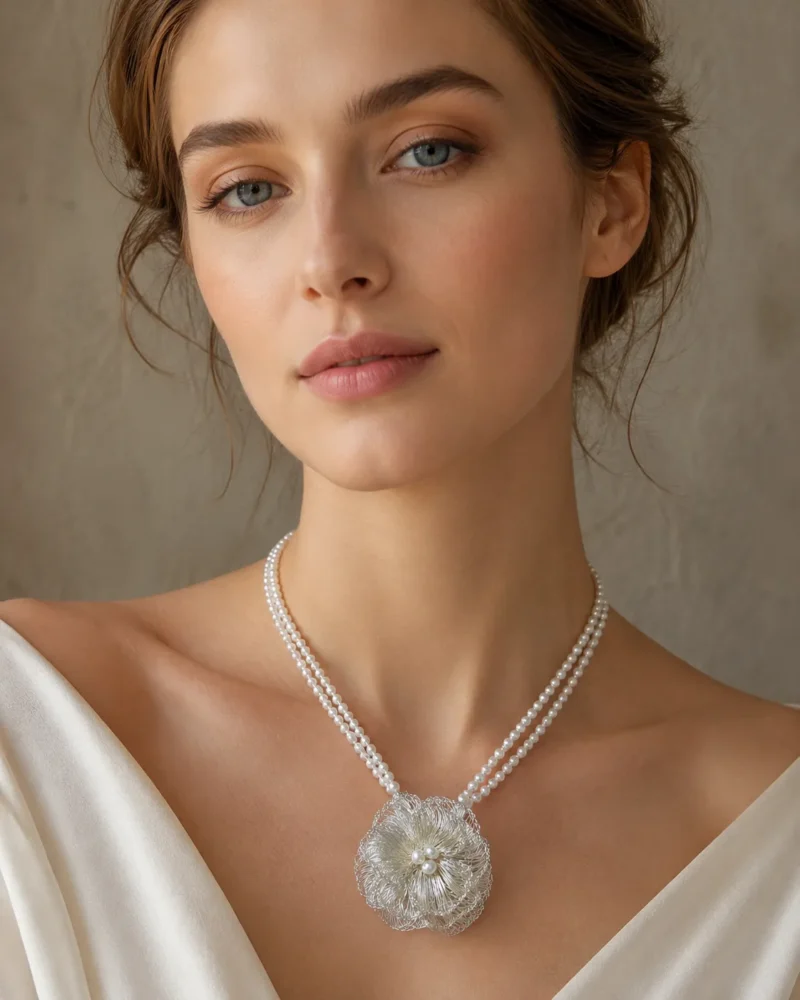 Close-up of model wearing OREYNE silver wire floral necklace with pearl details
