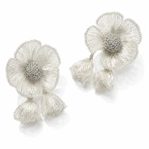 OREYNE handcrafted silver wire flower drop earrings with textured woven centers on a white background