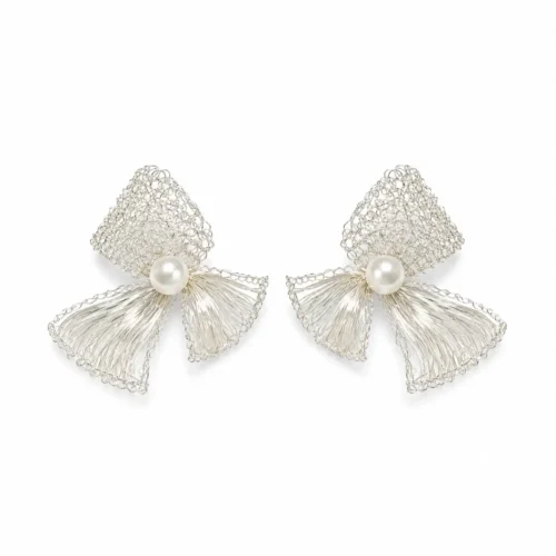 OREYNE handcrafted silver wire sculptural earrings with pearl centers on a white background