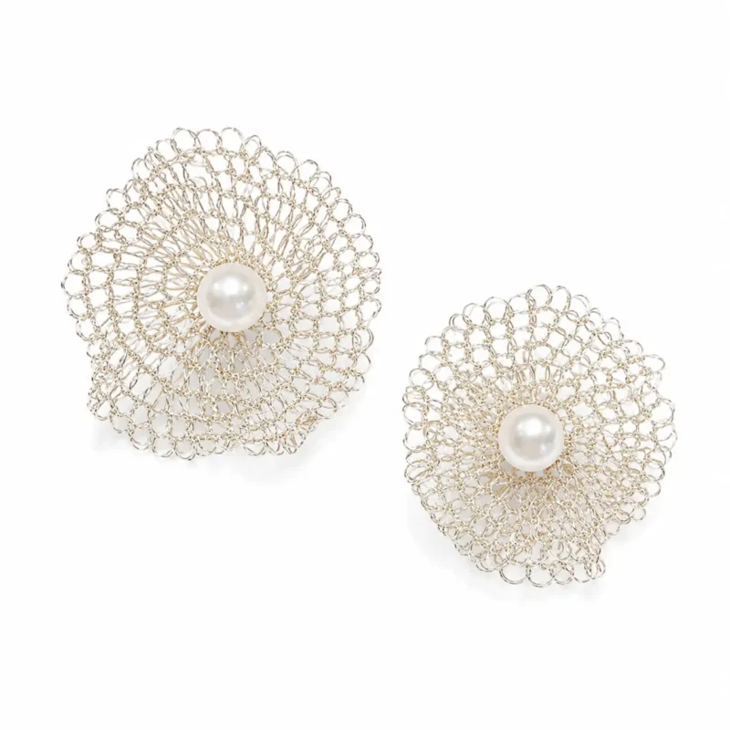 OREYNE handwoven wire flower stud earrings with pearl centers on white background