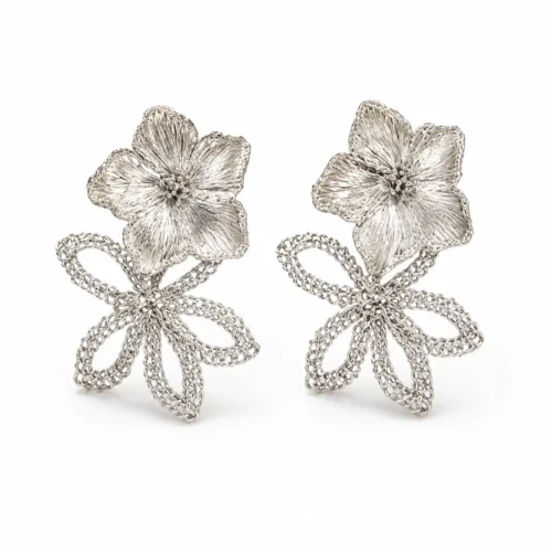 OREYNE handwoven silver-tone Water Lily double flower earrings on white background