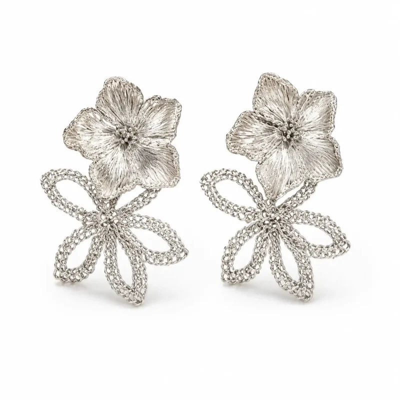 OREYNE handwoven silver-tone Water Lily double flower earrings on white background