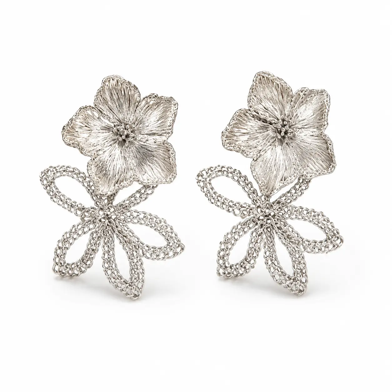 OREYNE handwoven silver-tone Water Lily double flower earrings