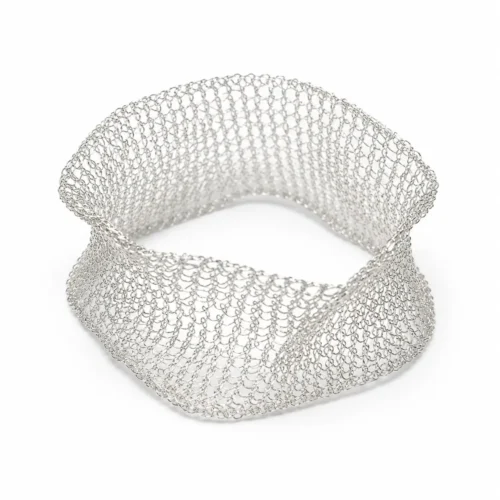 OREYNE handwoven silver-tone Hoarfrost Mesh cuff bracelet on white background