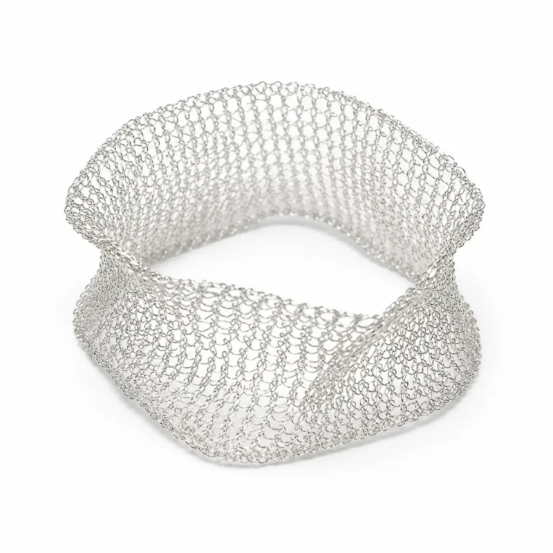 OREYNE handwoven silver-tone Hoarfrost Mesh cuff bracelet on white background