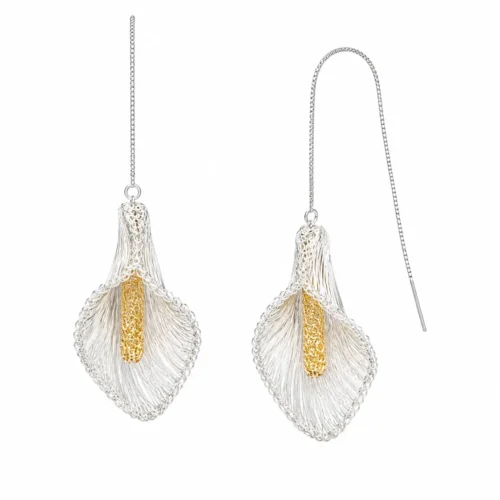 OREYNE handwoven Fine Silver-Plated Copper Wire calla lily threader earrings with gold-tone centers on white background