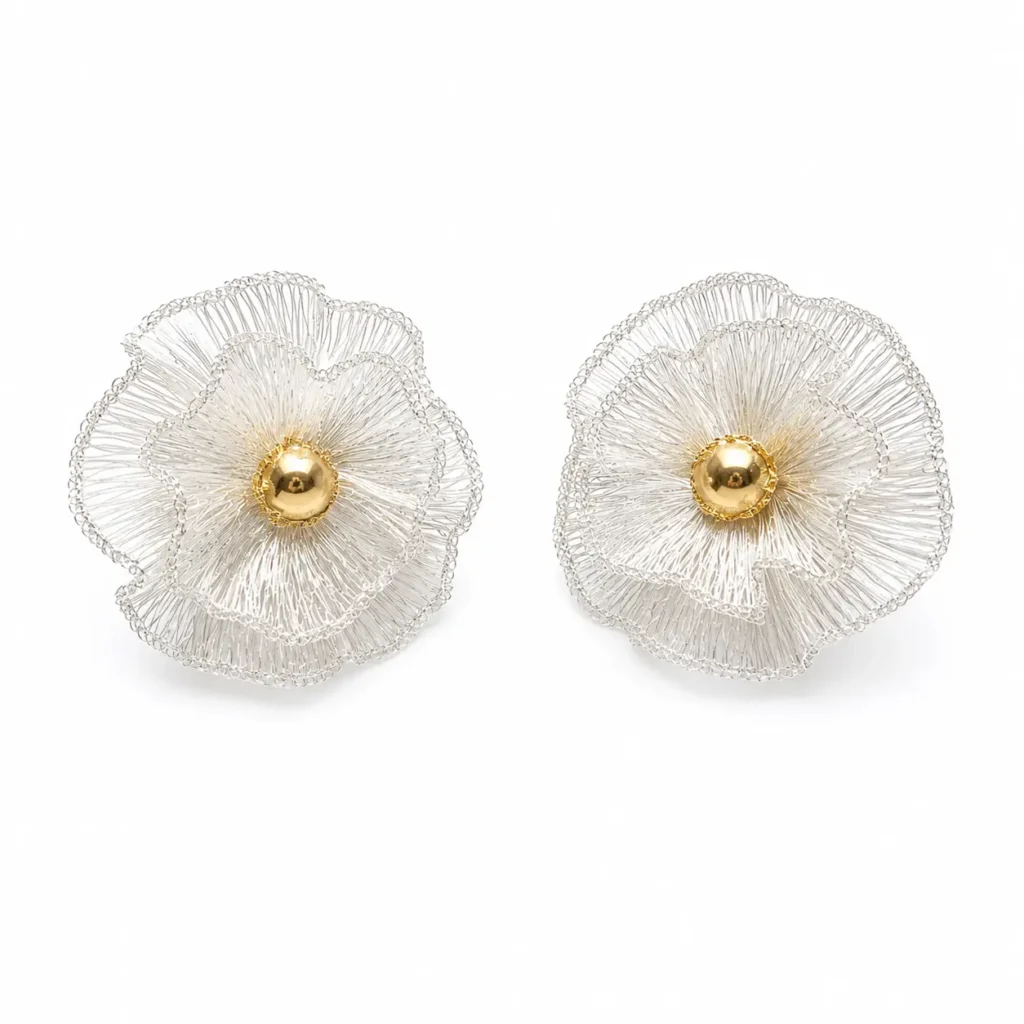 OREYNE handwoven Fine Silver-Plated Copper Wire flower earrings with gold-tone centers on white background