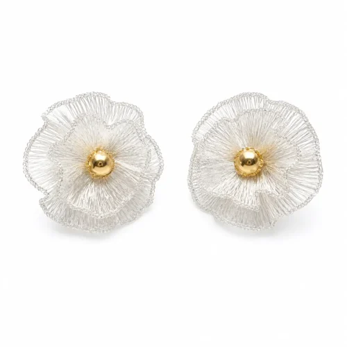 OREYNE handwoven Fine Silver-Plated Copper Wire flower earrings with gold-tone centers on white background