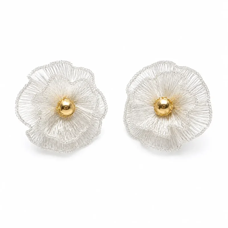 OREYNE handwoven Fine Silver-Plated Copper Wire flower earrings with gold-tone centers on white background