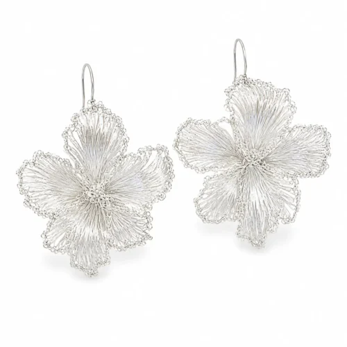 OREYNE handwoven Fine Silver-Plated Copper Wire flower hook earrings on white background