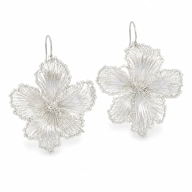 OREYNE handwoven Fine Silver-Plated Copper Wire flower hook earrings on white background