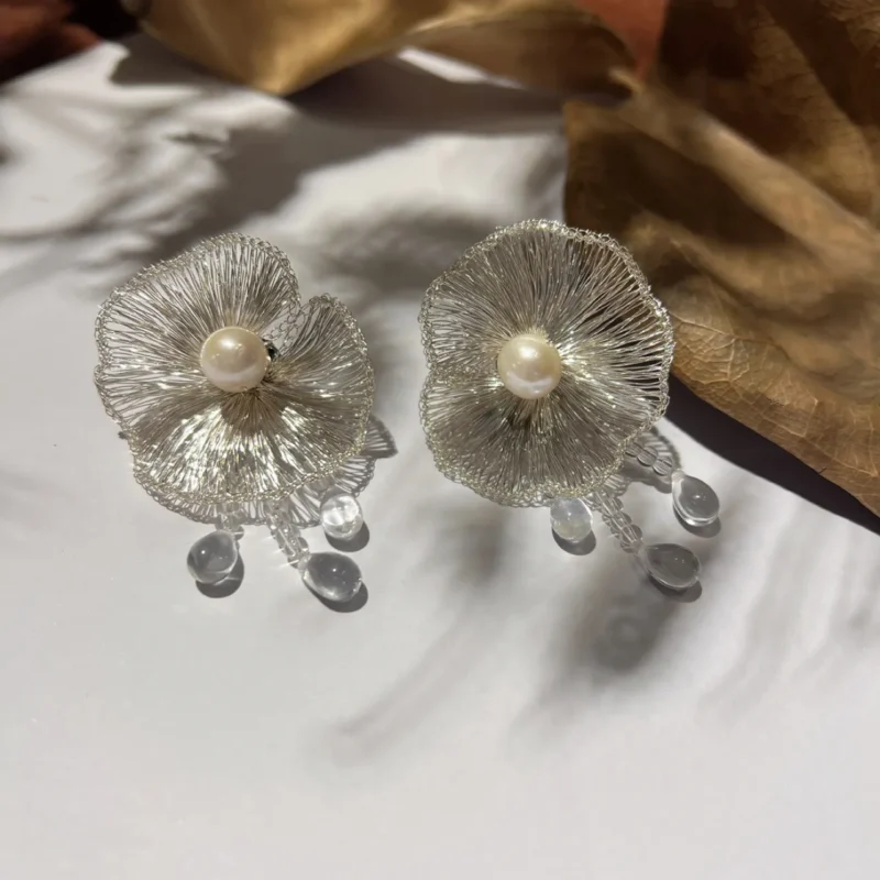 OREYNE Botanical White Dogwood Earrings with Removable Clear Teardrop Dangles – close-up detail
